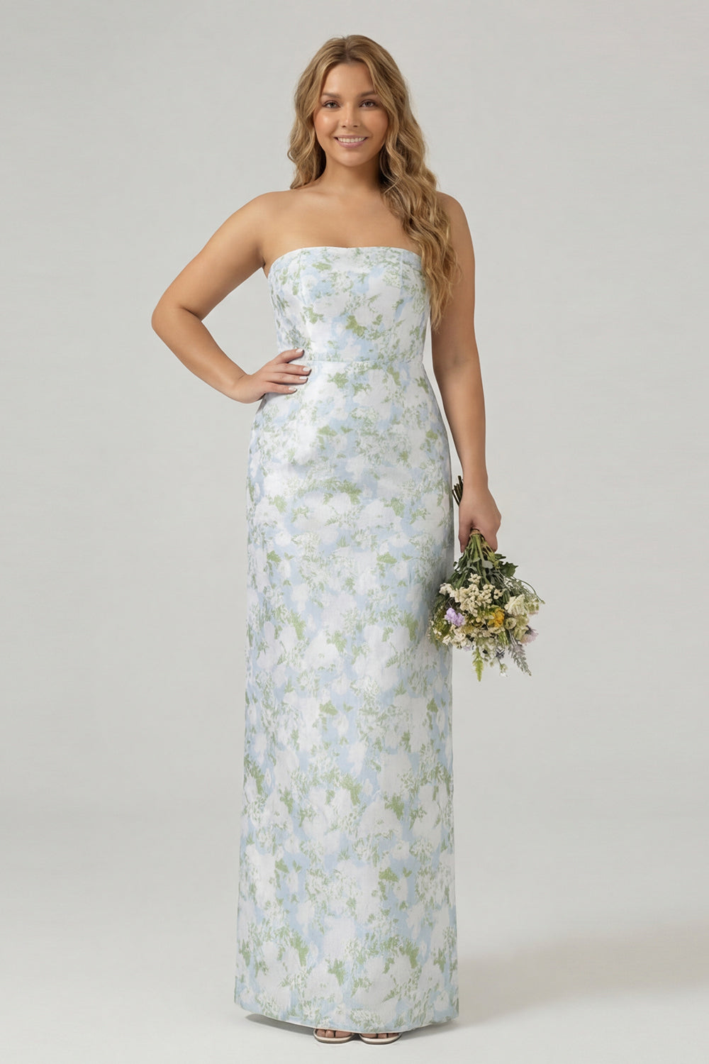 Ophelia Floral Strapless Sheath Dress White Blue Flower 2