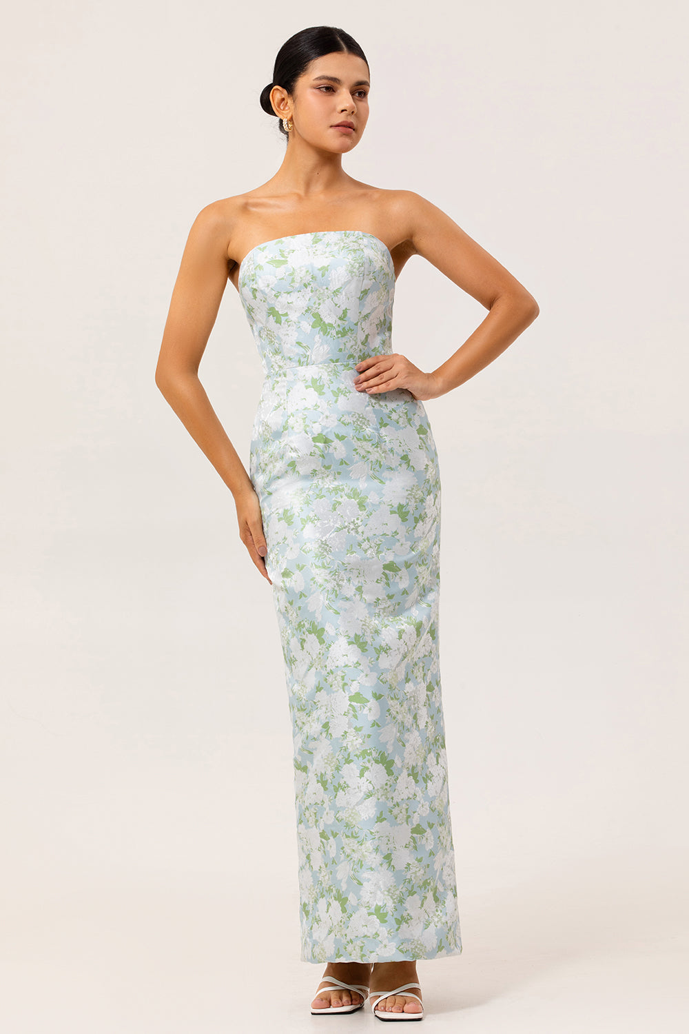 Ophelia Floral Strapless Sheath Dress White Blue Flower 1