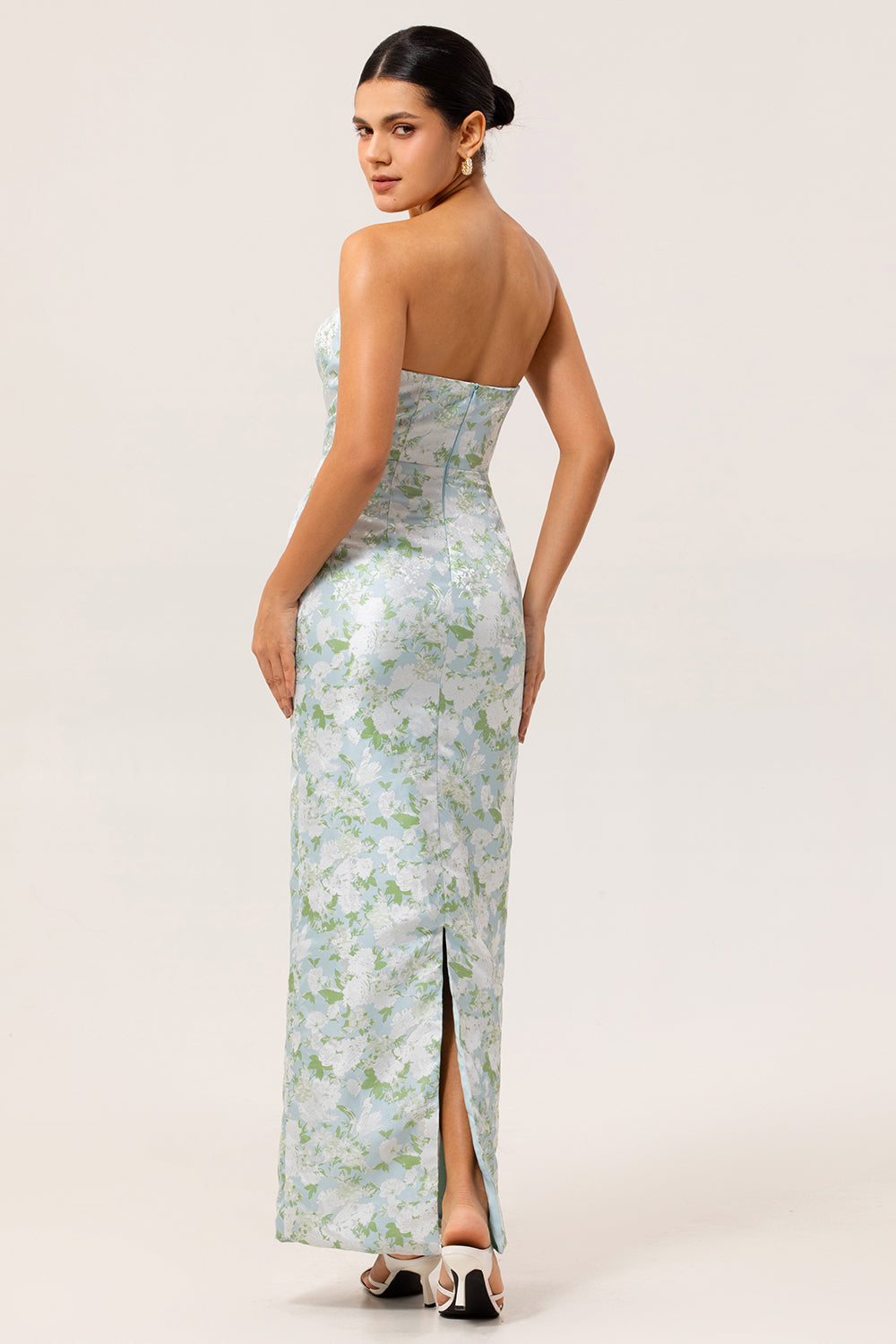 Ophelia Floral Strapless Sheath Dress White Blue Flower 3