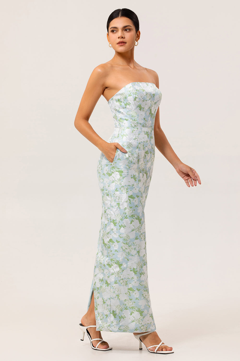 Ophelia Floral Strapless Sheath Dress White Blue Flower 4