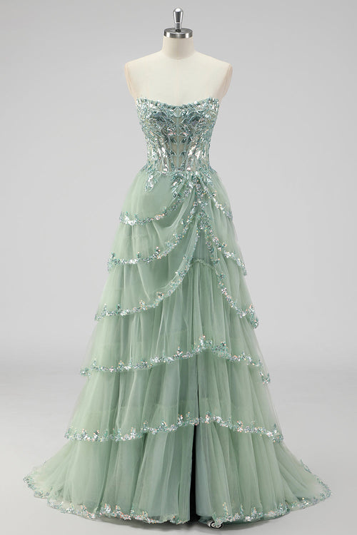 Violetta Sequin Tiered Gown Sage Green 1