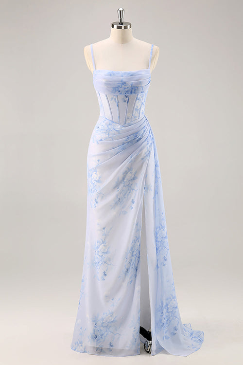 Margot Floral Ruched Corset Dress Blue 1