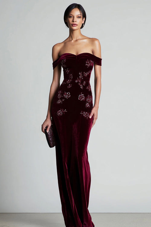 Vivienne Off-Shoulder Velvet Gown Burgundy 1