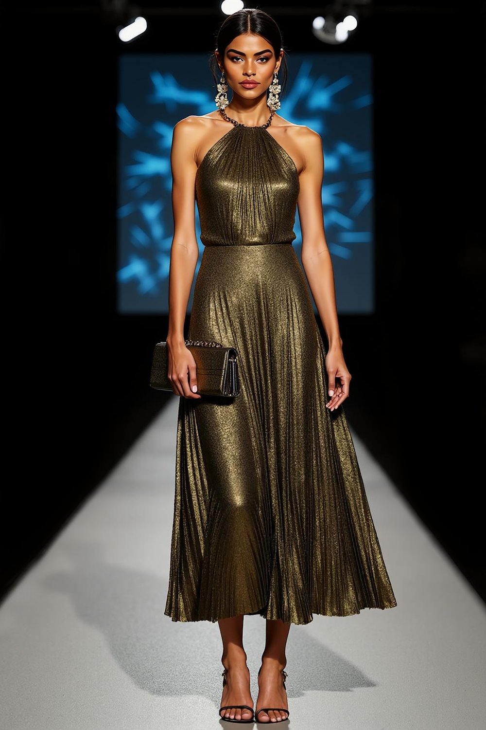 Olive Metallic Halter Maxi Dress Olive 1