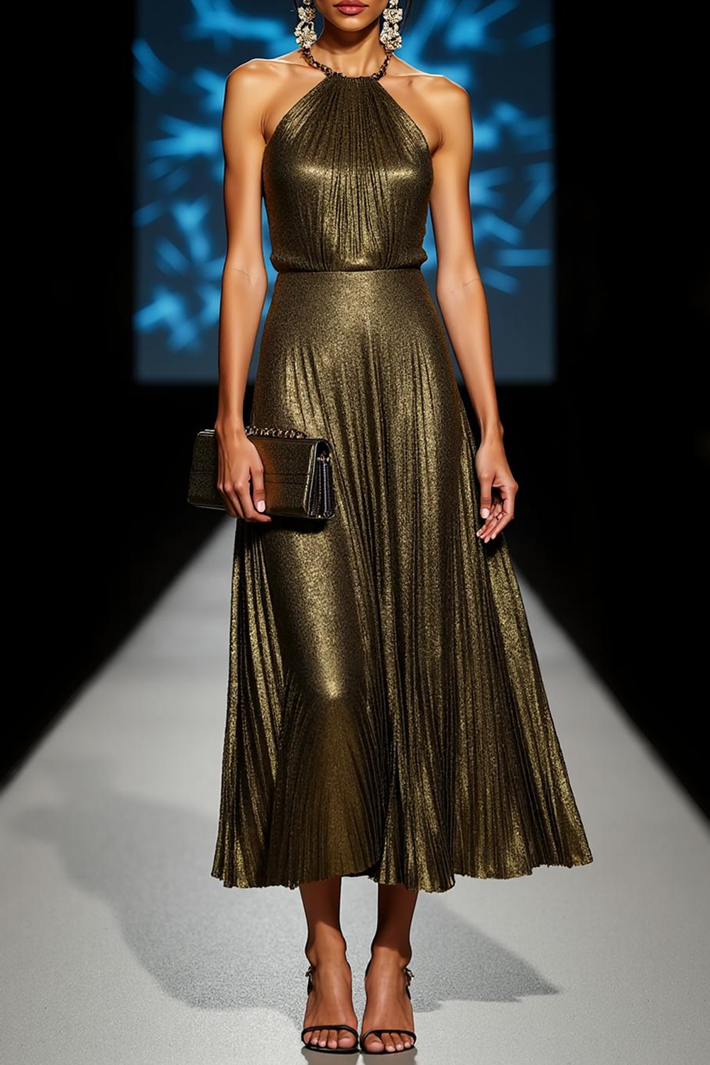 Olive Metallic Halter Maxi Dress Olive 2