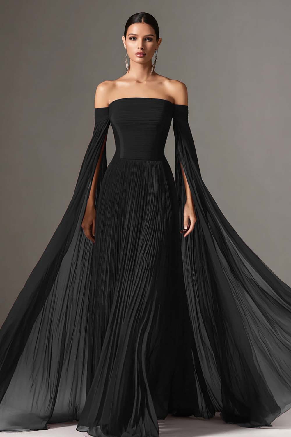 Margot Chiffon Off-Shoulder Gown with Cape Black 4