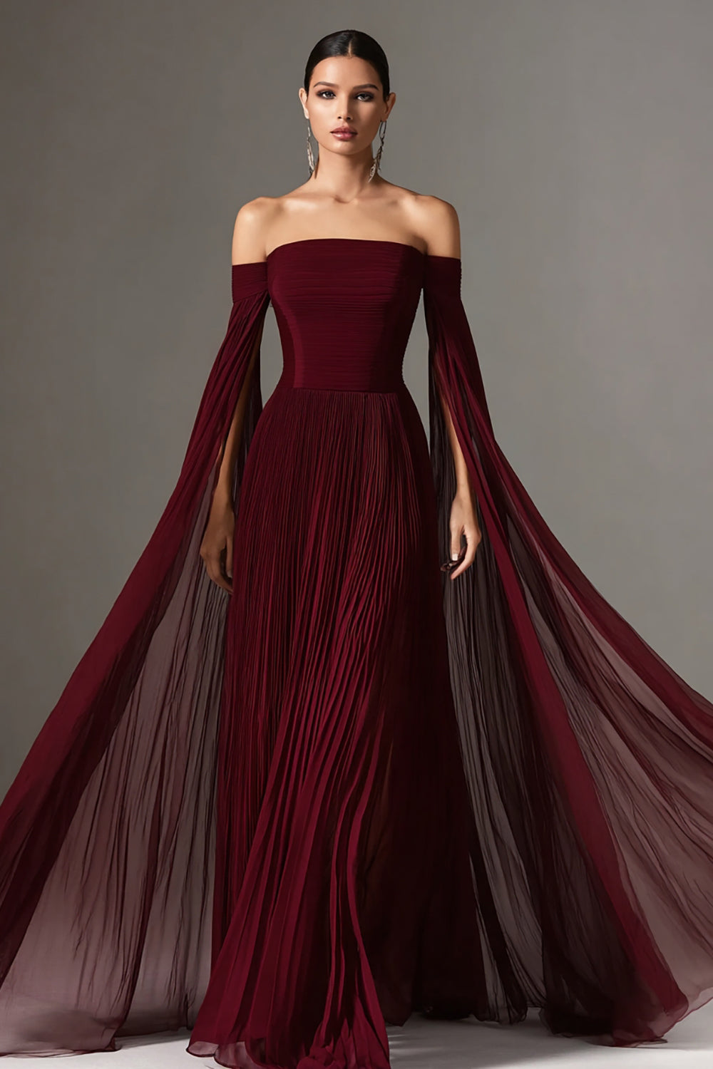 Margot Chiffon Off-Shoulder Gown with Cape Burgundy 1