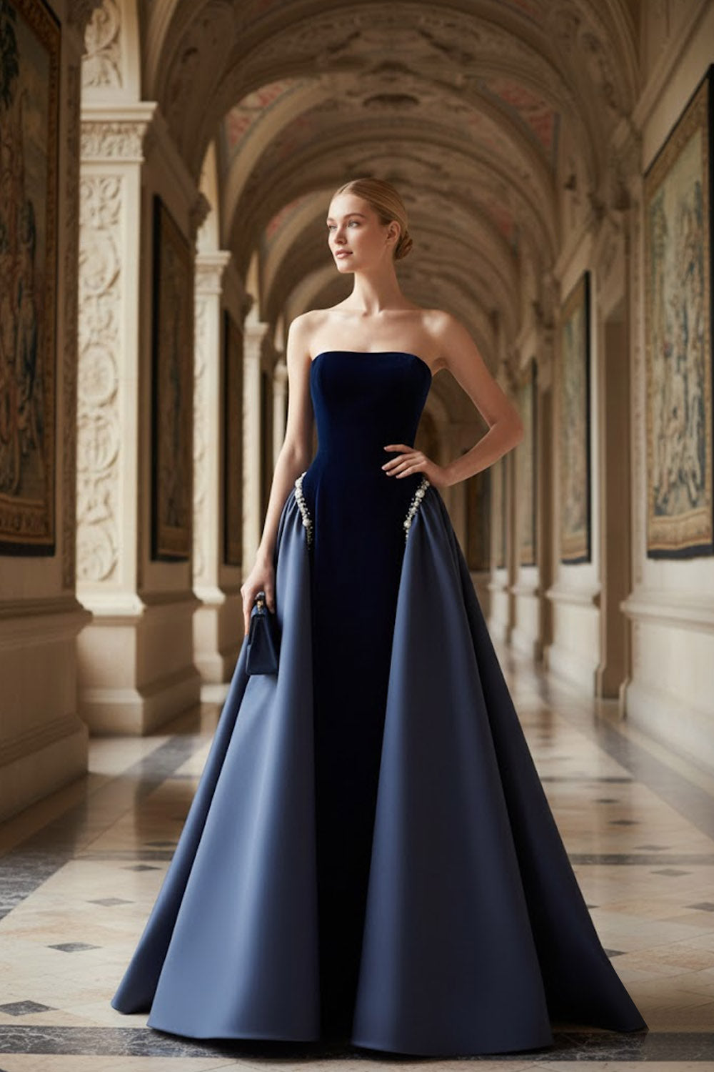 Arabella Velvet Cape Gown Navy 4