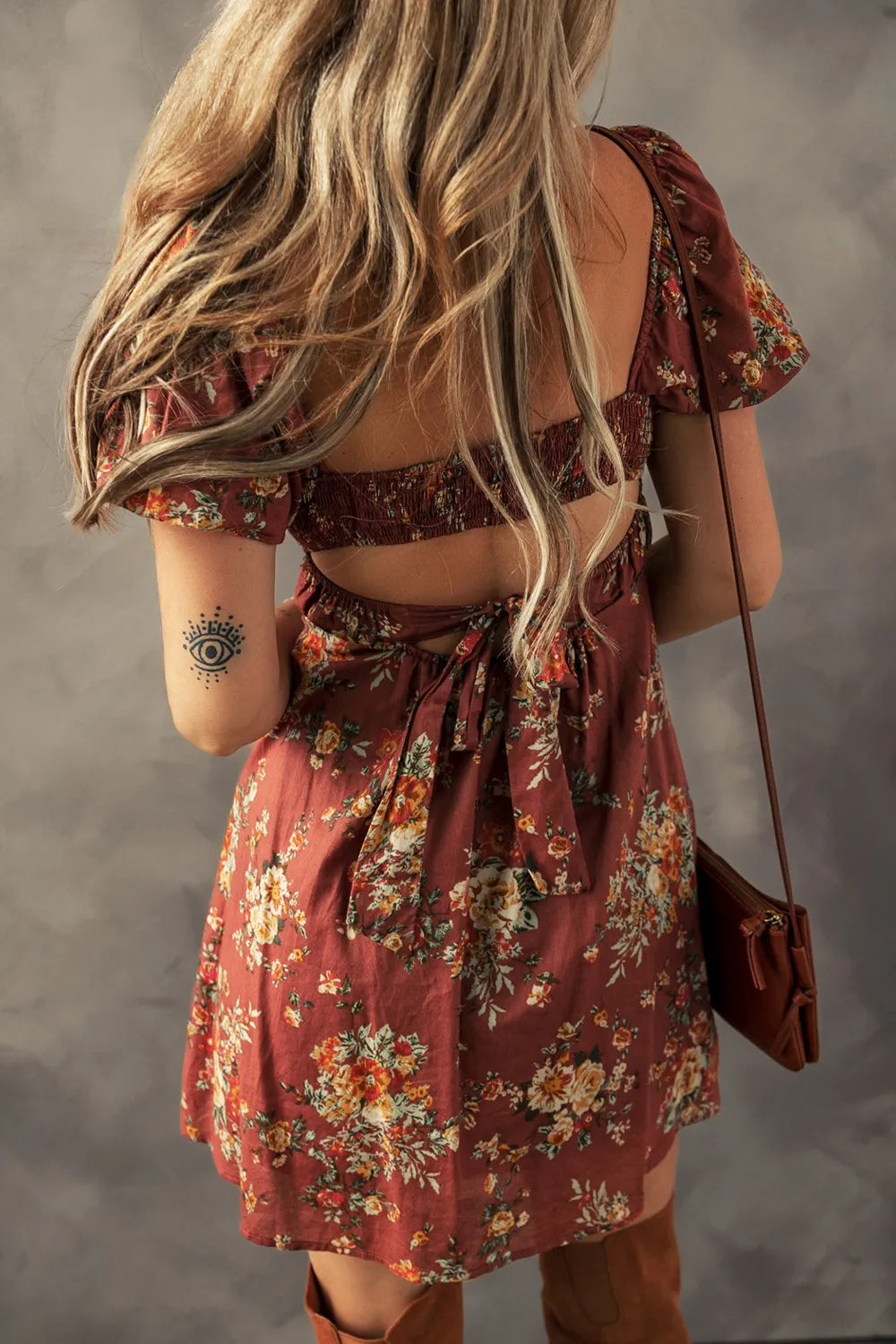 Arabella Floral Mini Dress Caramel 2