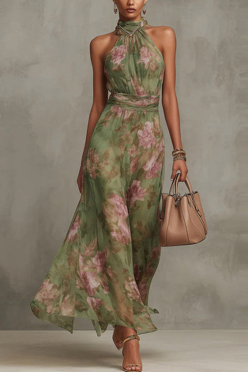 Isadora Floral Halter Maxi Dress Green 1