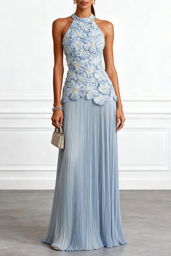 Emilie 3D Floral Embroidered Halter Maxi Dress Blue 8