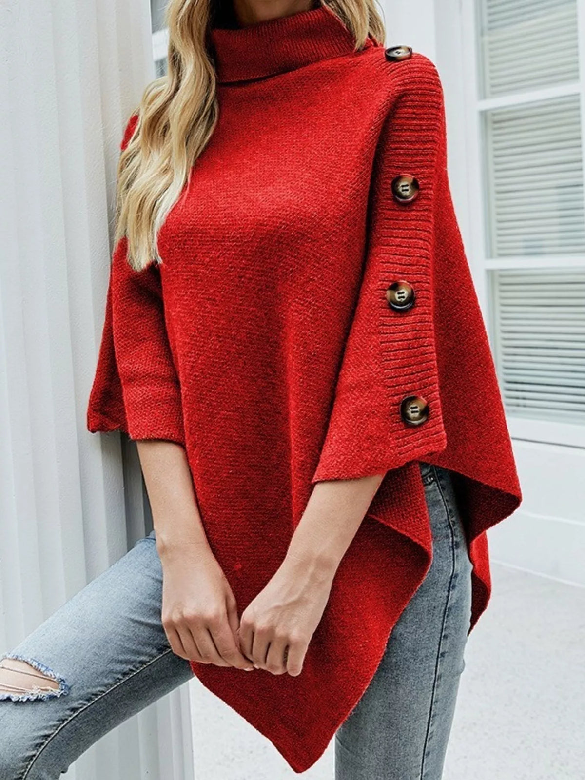 Margot Turtleneck Sweater Poncho in Red Rose Red 1