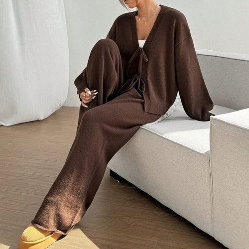 Alessia Tie-Front Cardigan & Sweatpants Set Brown 1