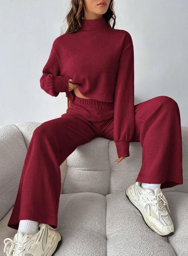 Margot Ribbed Knit Co-Ord Set Burgundy 1