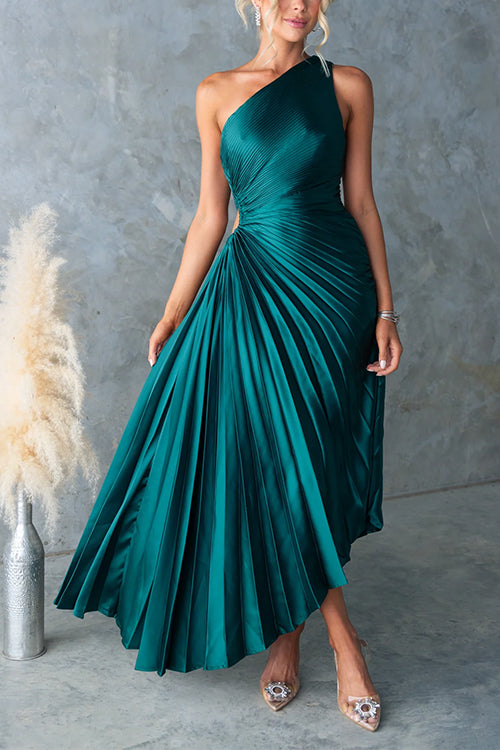 Margot One-Shoulder Pleated Satin Maxi Dress Deep Emerald 2