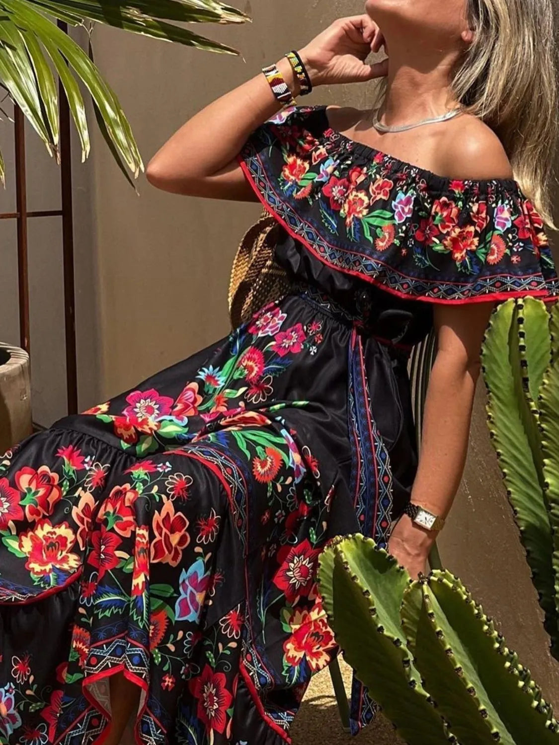 Aurelia Floral Off-Shoulder Maxi Dress Fuchsia Pink 8