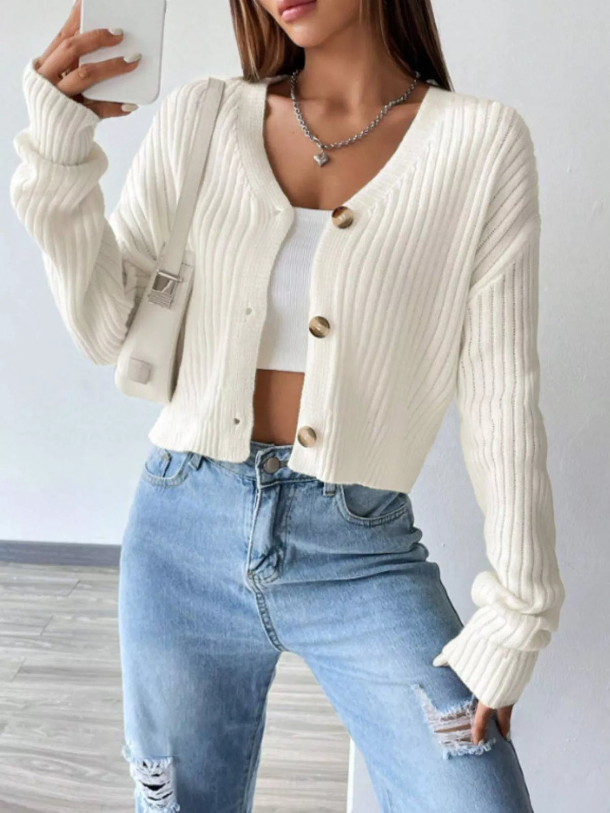 Margot Ribbed Cropped Cardigan Cream 1
