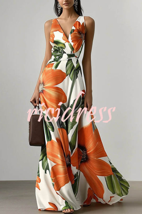 Margot Floral Linen Maxi Dress neck Sleeveless Fitted Waist Vacation Maxi Dress 1