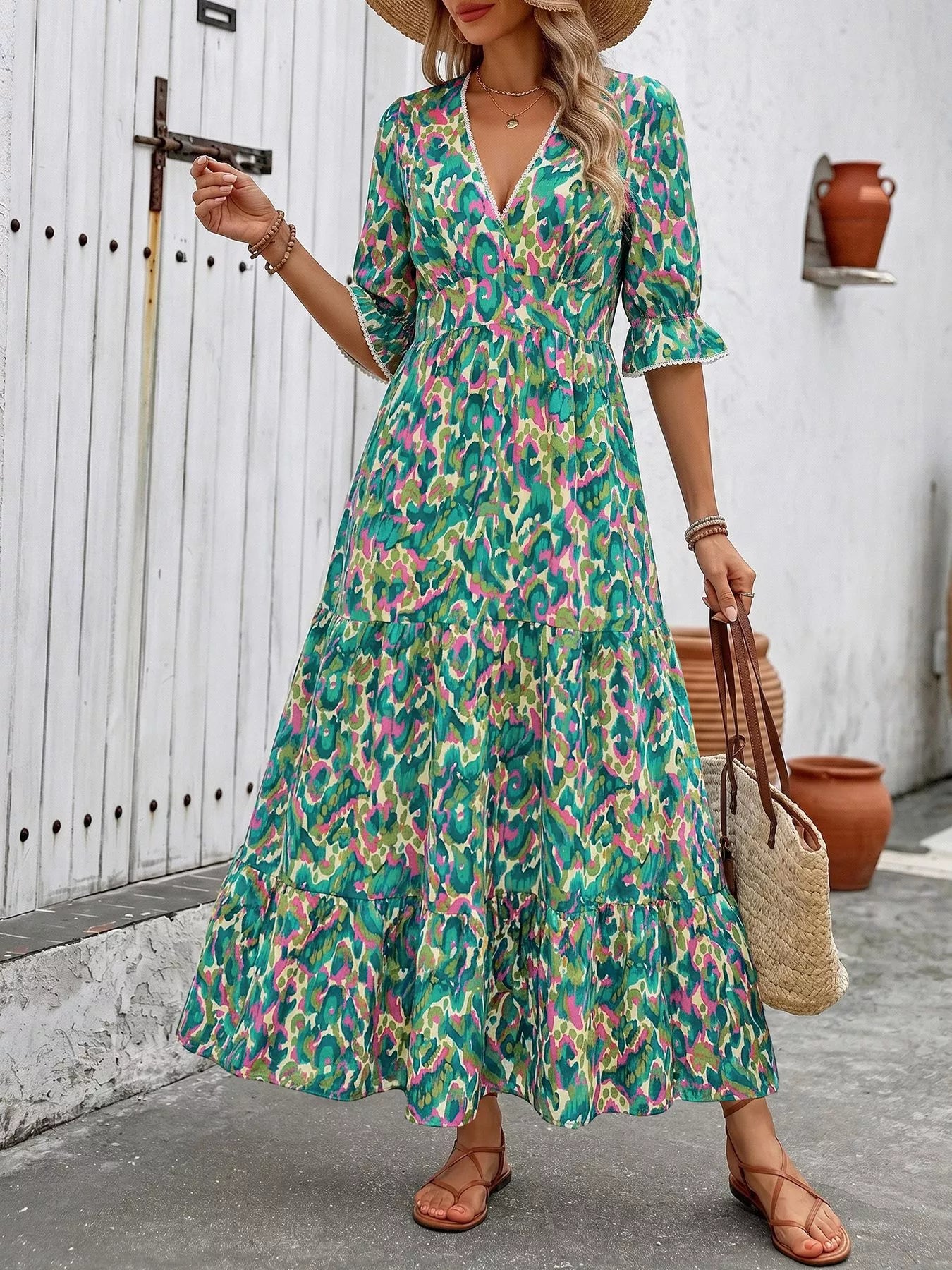 Margot Printed Tiered Dress Neck Flounce Sleeve Dress 1