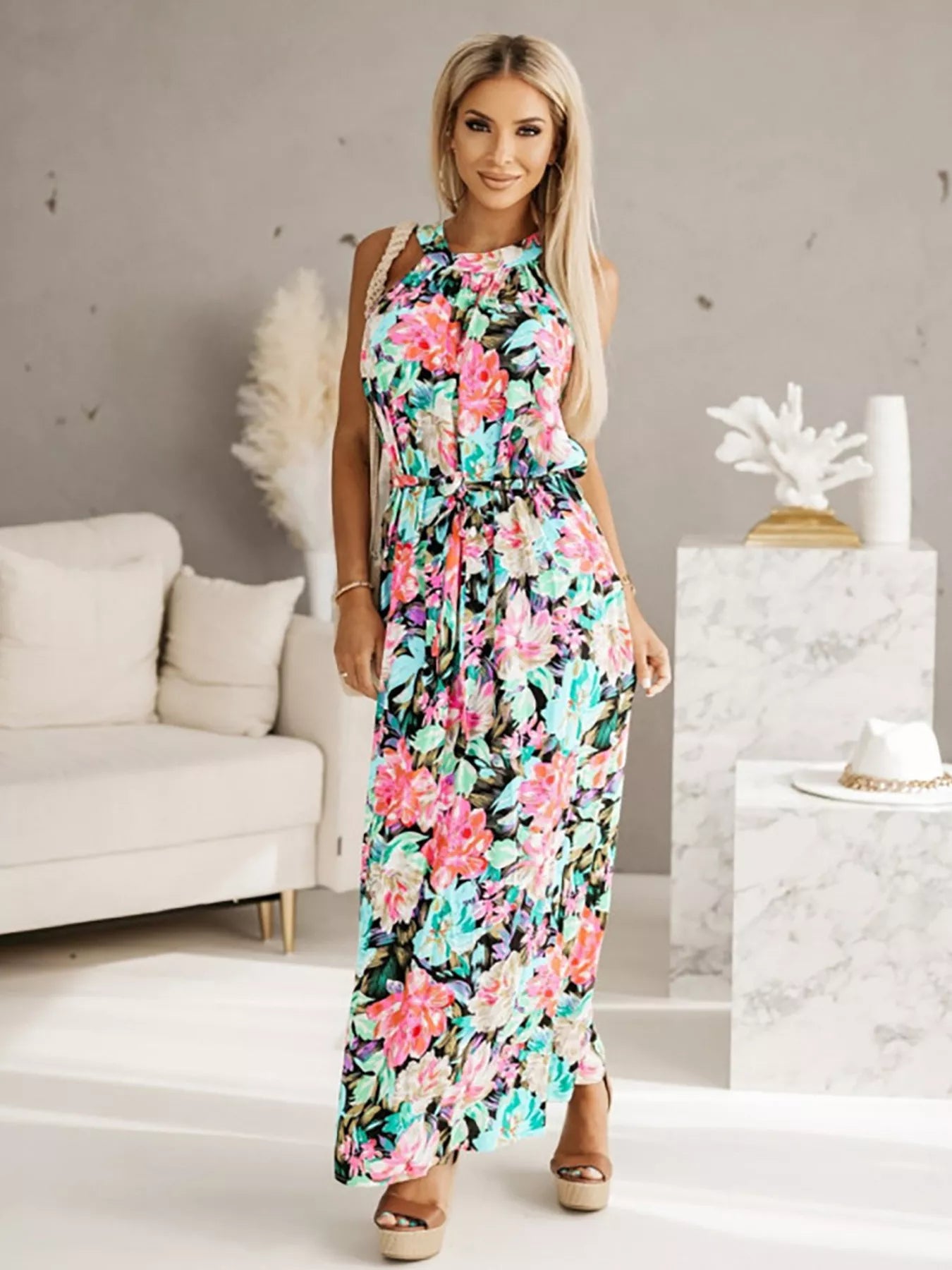 Celeste Printed Sleeveless Maxi Dress Pastel  Blue 1