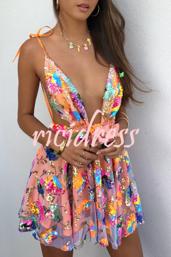 Arabella Sequined Floral Mini Dress Orange 1