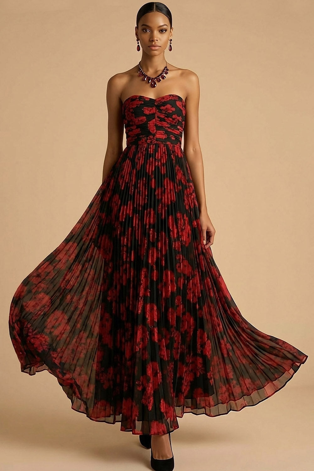 Margot Floral Pleated A-Line Dress Black Red Flower 1
