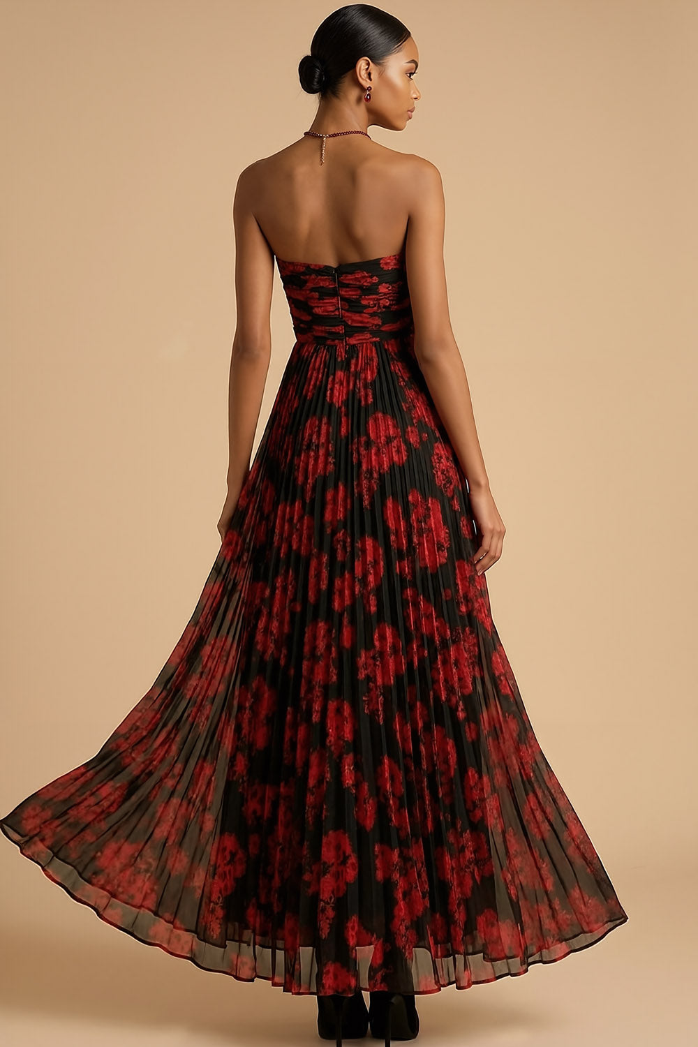 Margot Floral Pleated A-Line Dress Black Red Flower 2