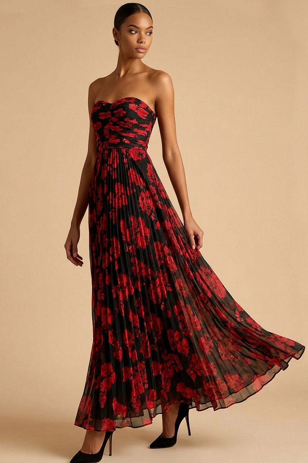 Margot Floral Pleated A-Line Dress Black Red Flower 4
