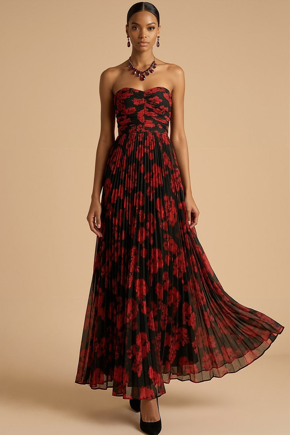 Margot Floral Pleated A-Line Dress Black Red Flower 3