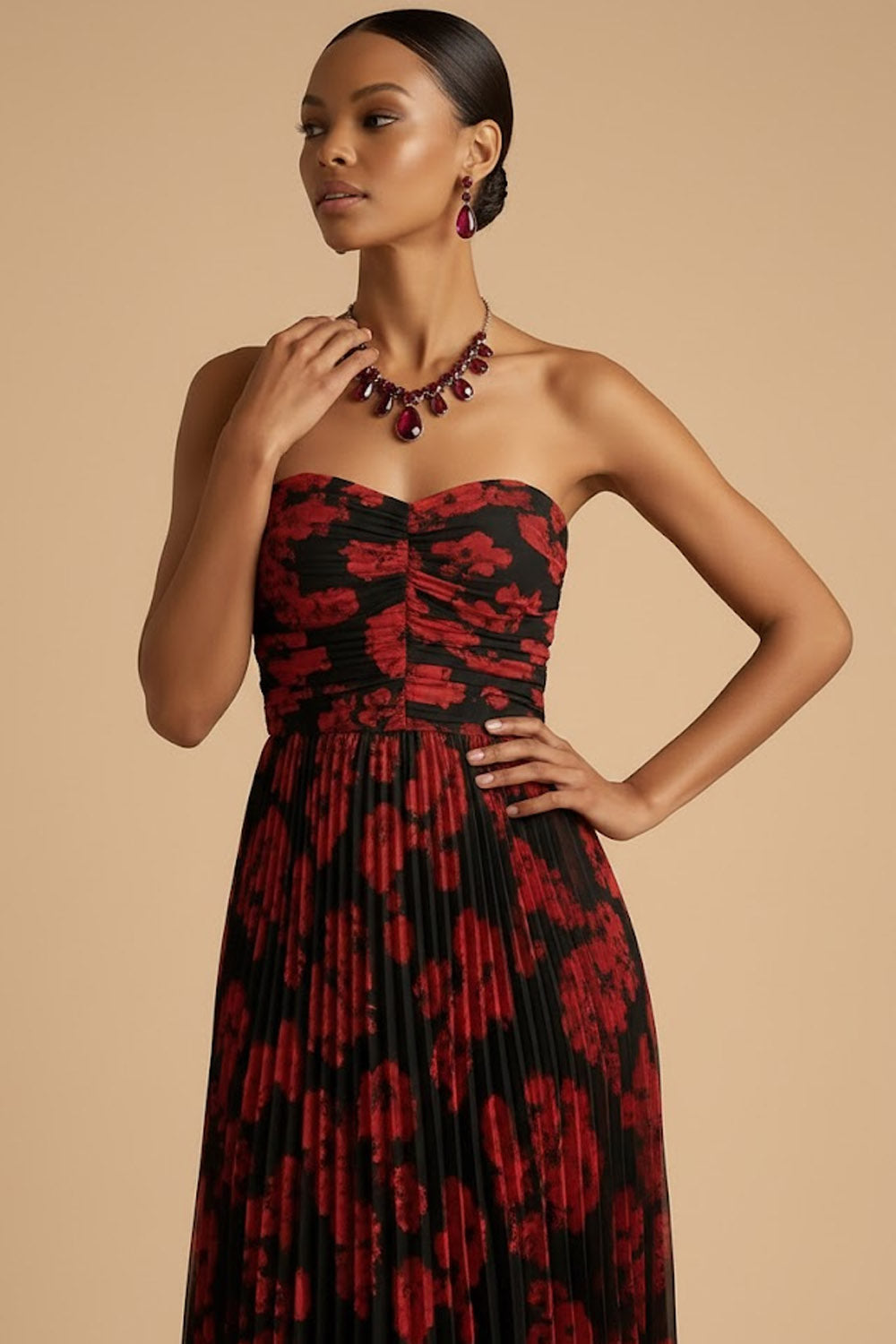 Margot Floral Pleated A-Line Dress Black Red Flower 5