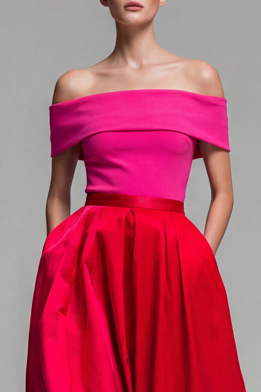 Valentina Off-Shoulder Color Block Midi Dress Red and Black 5