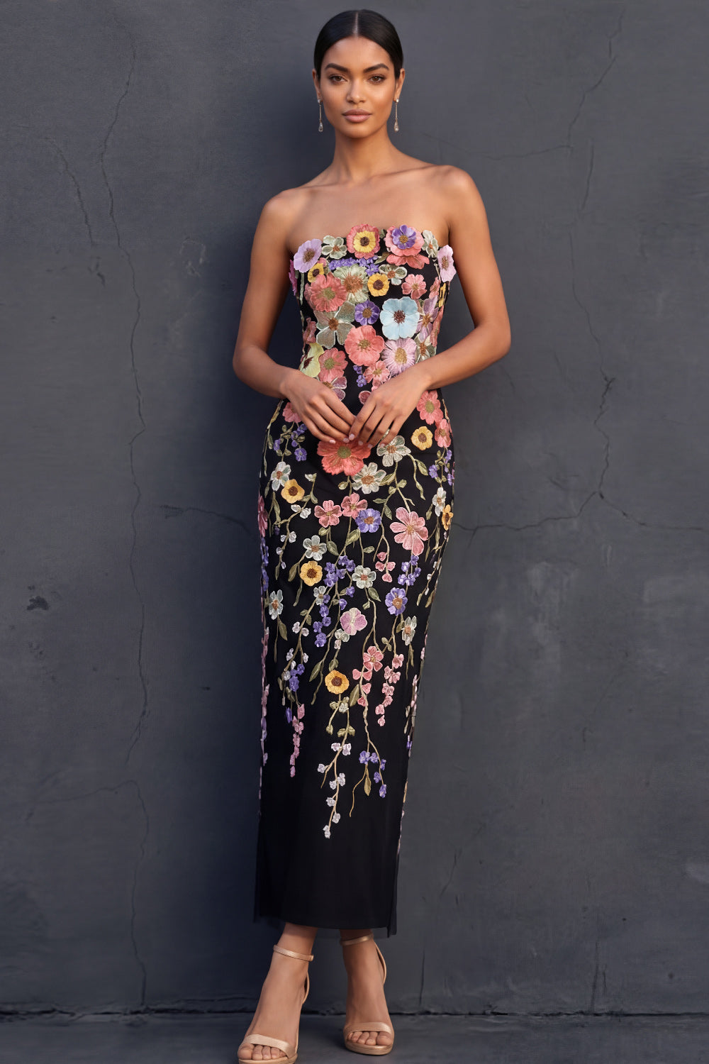Isabelle Floral Appliqué Strapless Midi Dress Black 1