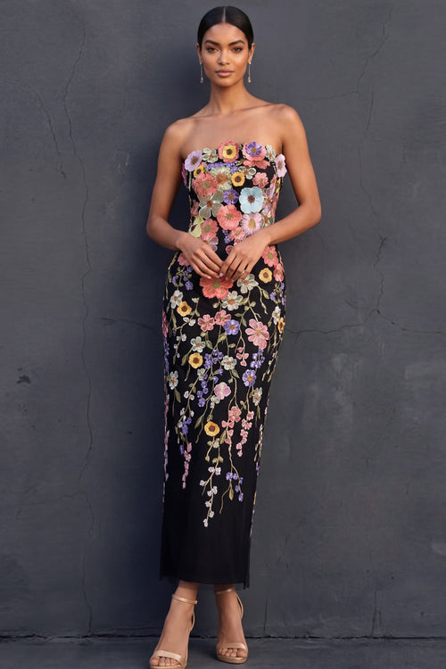 Isabelle Floral Appliqué Strapless Midi Dress Black 1