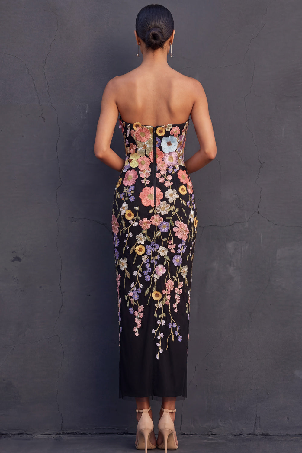 Isabelle Floral Appliqué Strapless Midi Dress Black 2