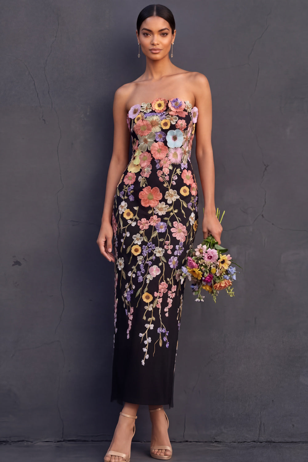 Isabelle Floral Appliqué Strapless Midi Dress Black 3
