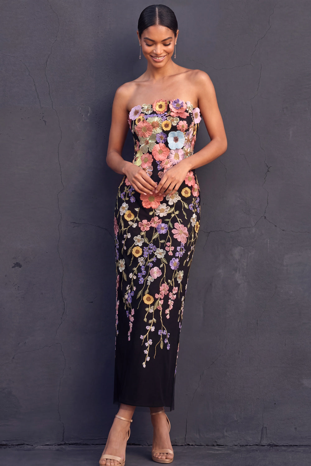 Isabelle Floral Appliqué Strapless Midi Dress Black 4