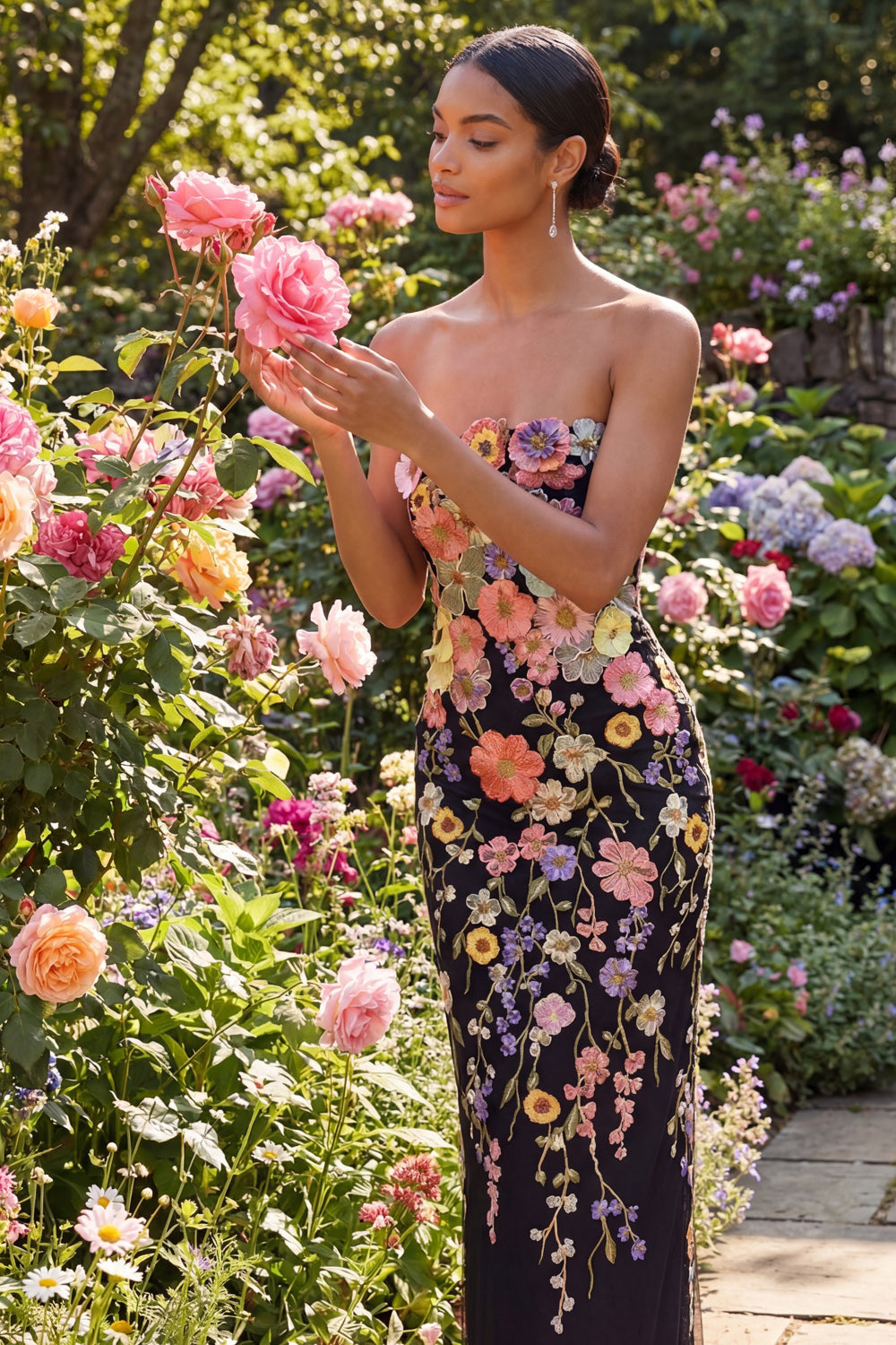 Isabelle Floral Appliqué Strapless Midi Dress Black 5