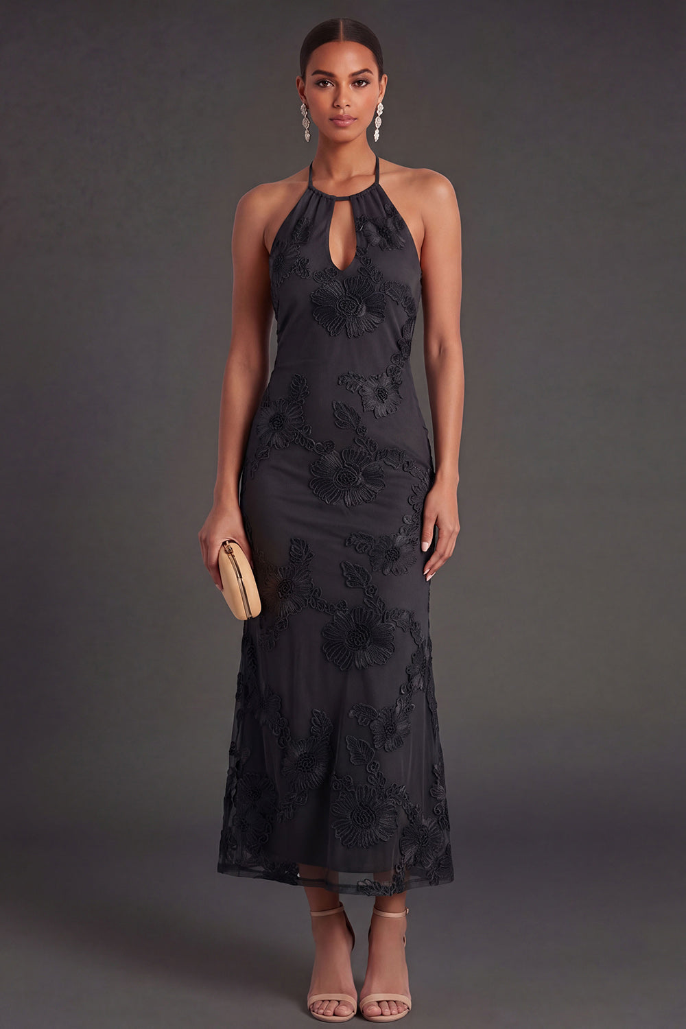 Arabella Floral Appliqué Mermaid Midi Dress Sage Green 5