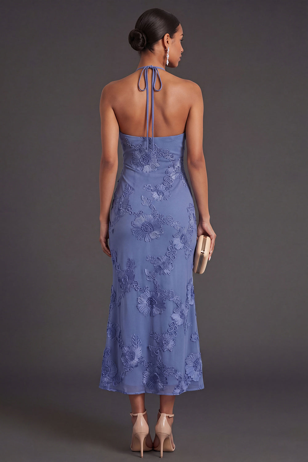 Arabella Floral Appliqué Mermaid Midi Dress Coffee 2