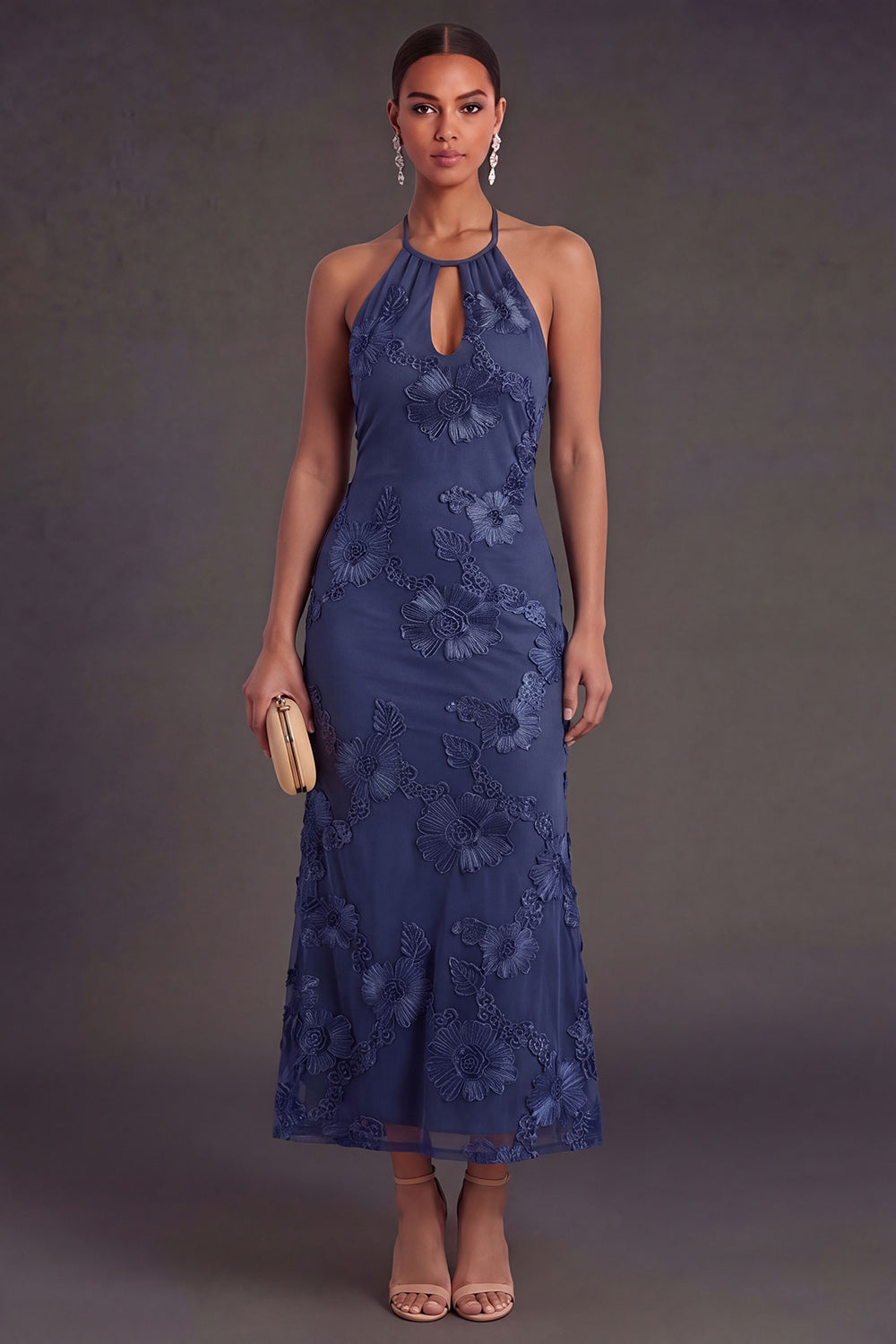 Arabella Floral Appliqué Mermaid Midi Dress Pink 8