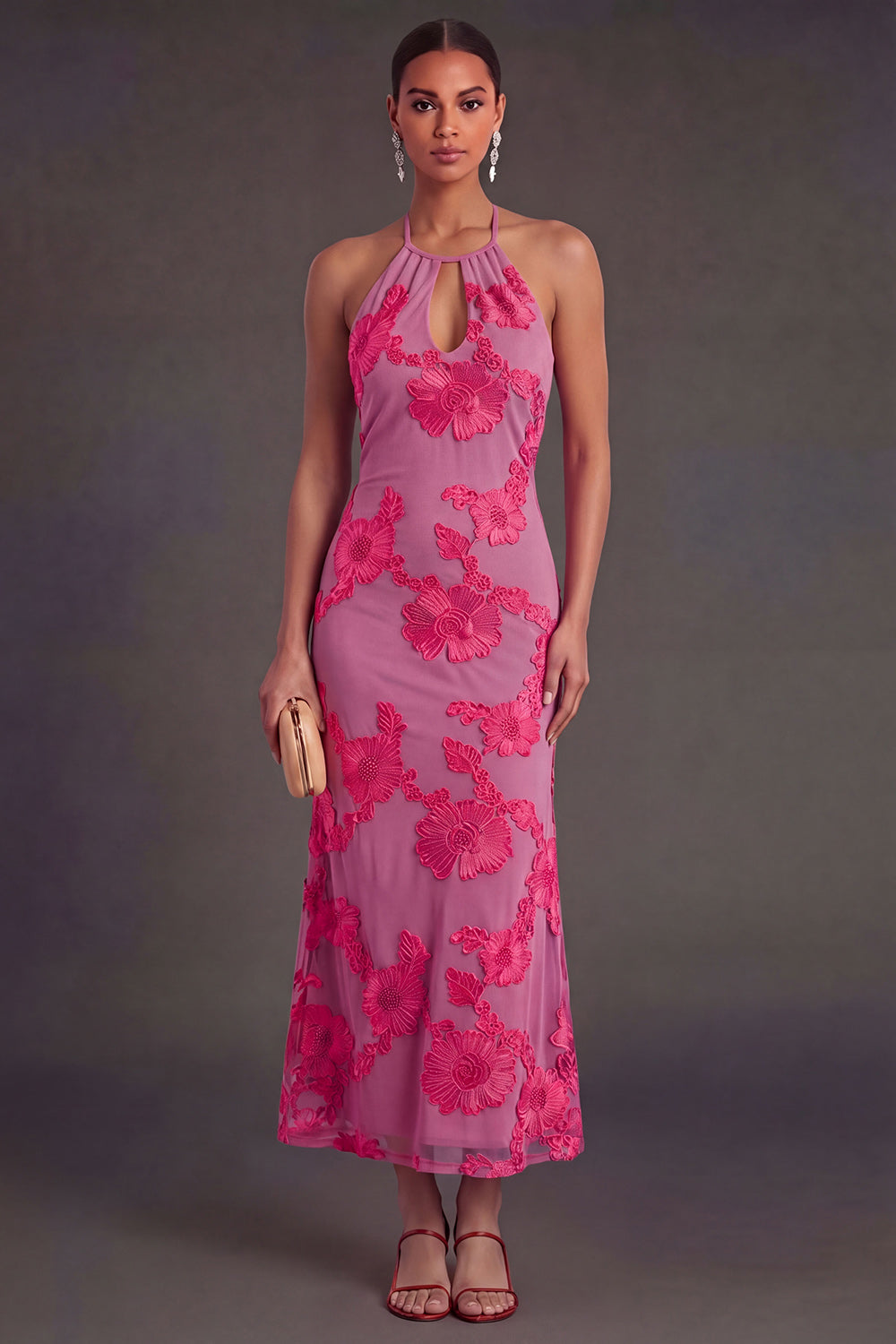 Arabella Floral Appliqué Mermaid Midi Dress Black Yellow Flower 9