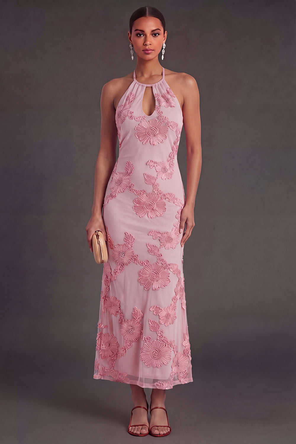 Arabella Floral Appliqué Mermaid Midi Dress Sage Green 10
