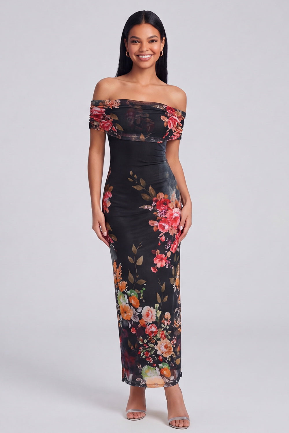 Margot Off-Shoulder Ruched Floral Maxi Dress Black 9