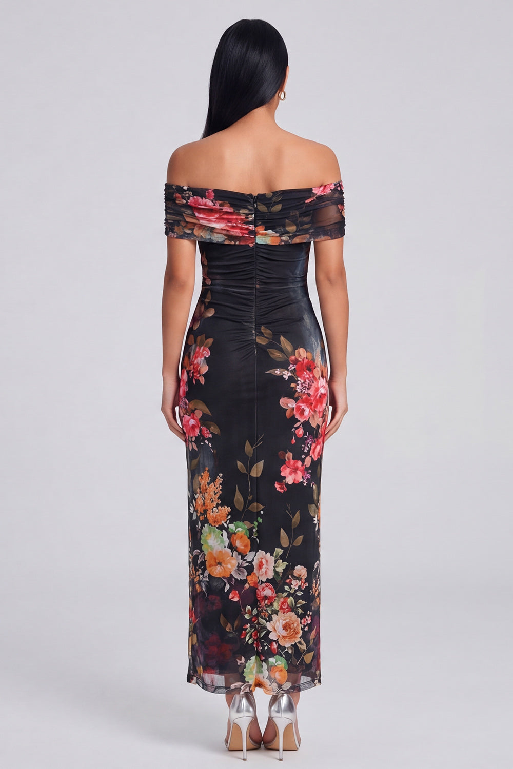 Margot Off-Shoulder Ruched Floral Maxi Dress Black 7
