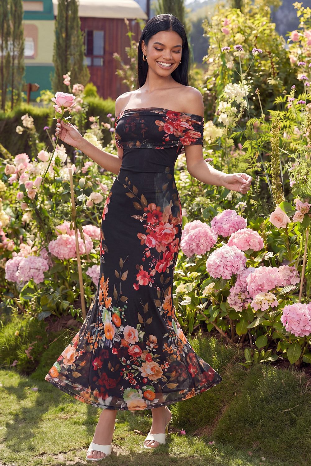 Margot Off-Shoulder Ruched Floral Maxi Dress Champagne 8