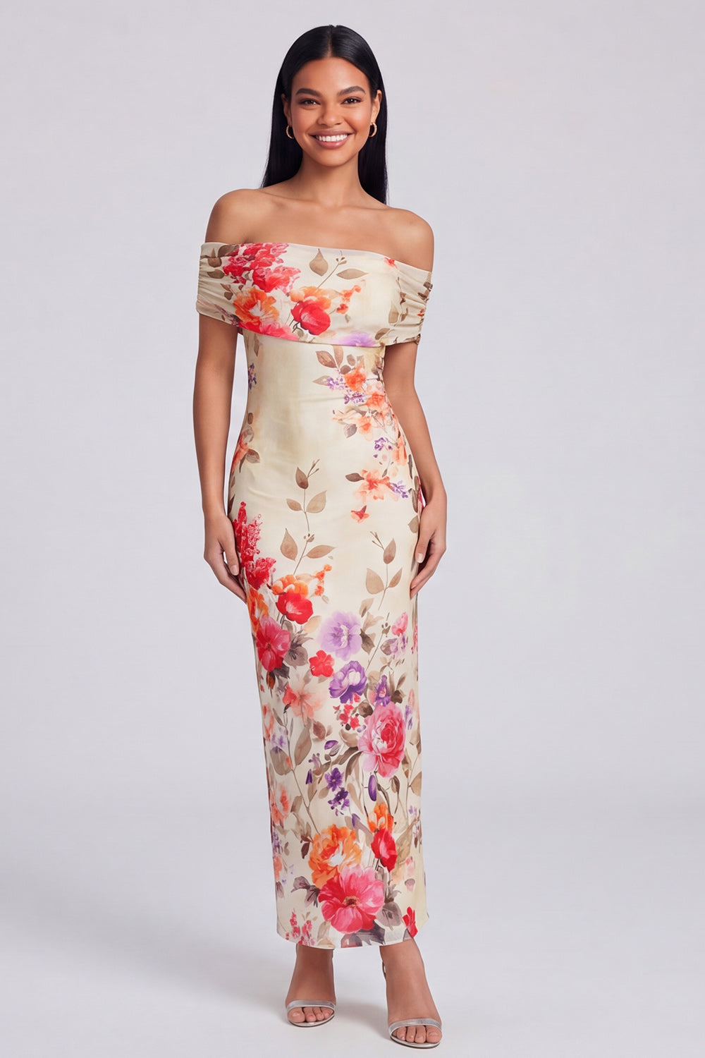 Margot Off-Shoulder Ruched Floral Maxi Dress Black 10