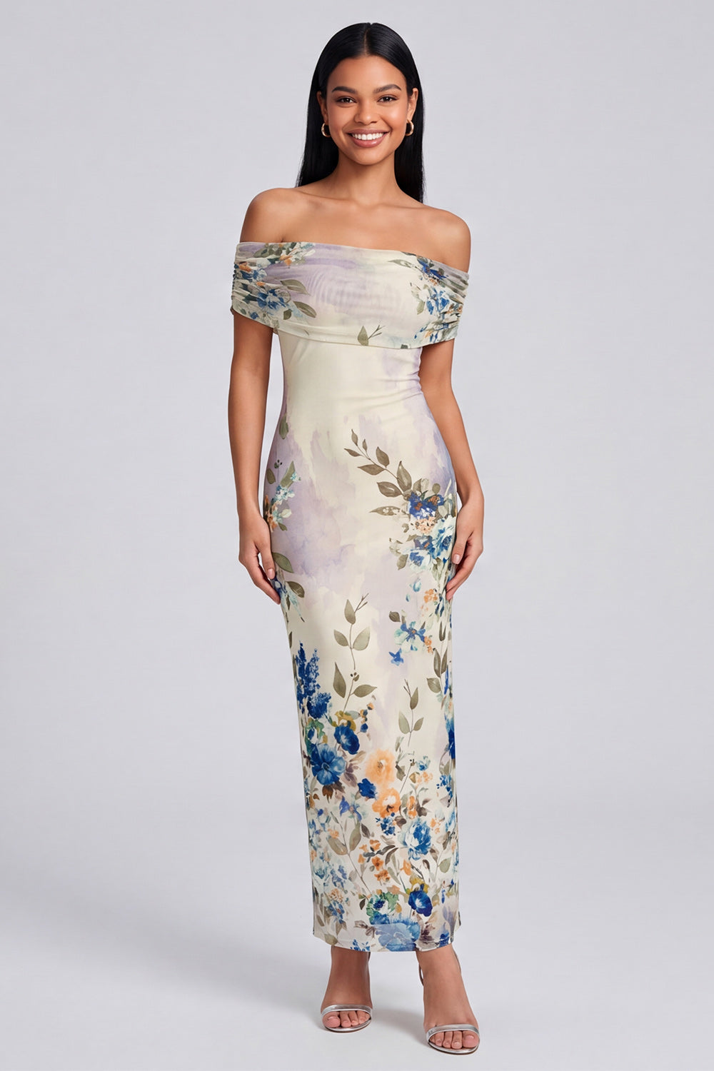 Margot Off-Shoulder Ruched Floral Maxi Dress Ivory 5
