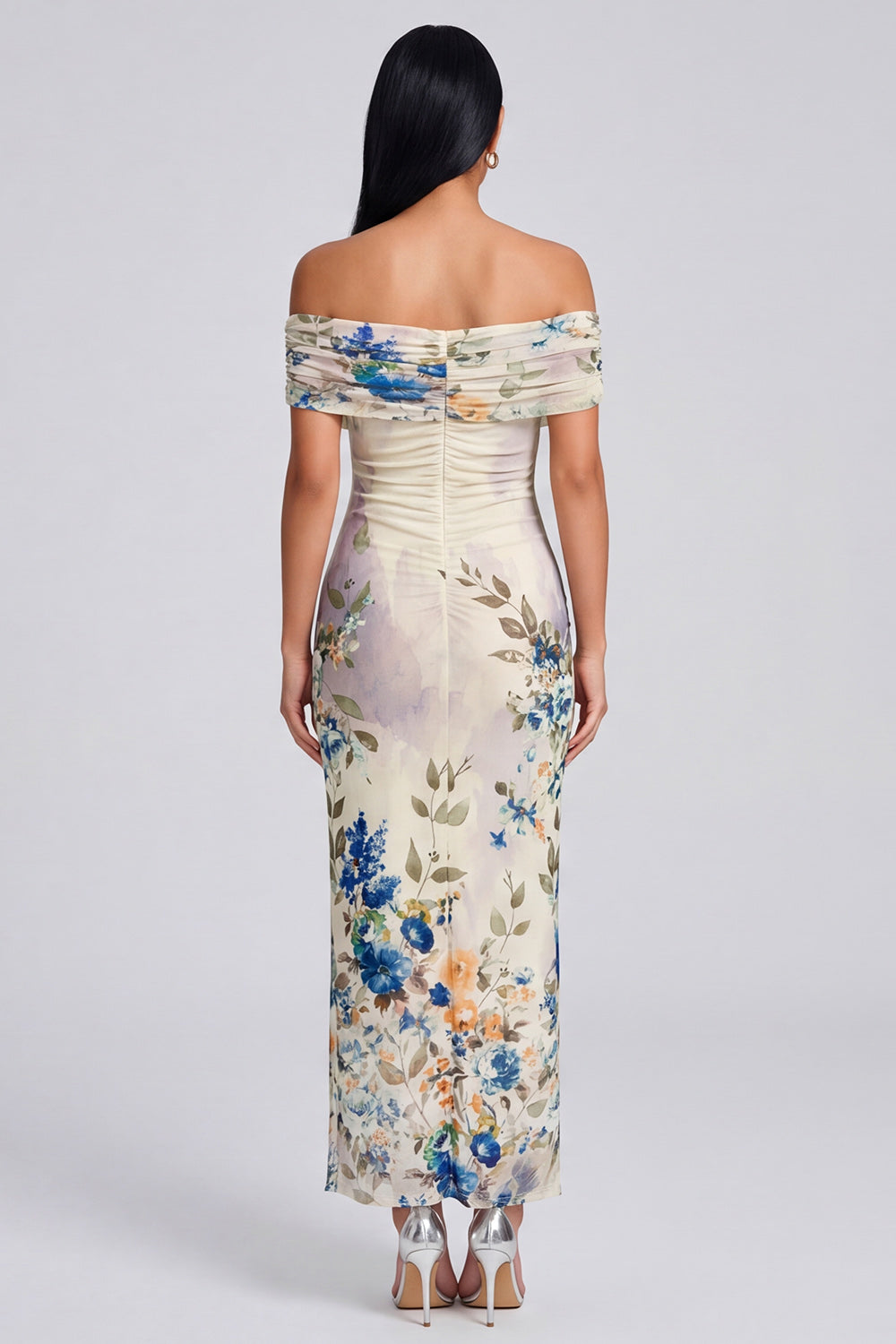 Margot Off-Shoulder Ruched Floral Maxi Dress Champagne 2