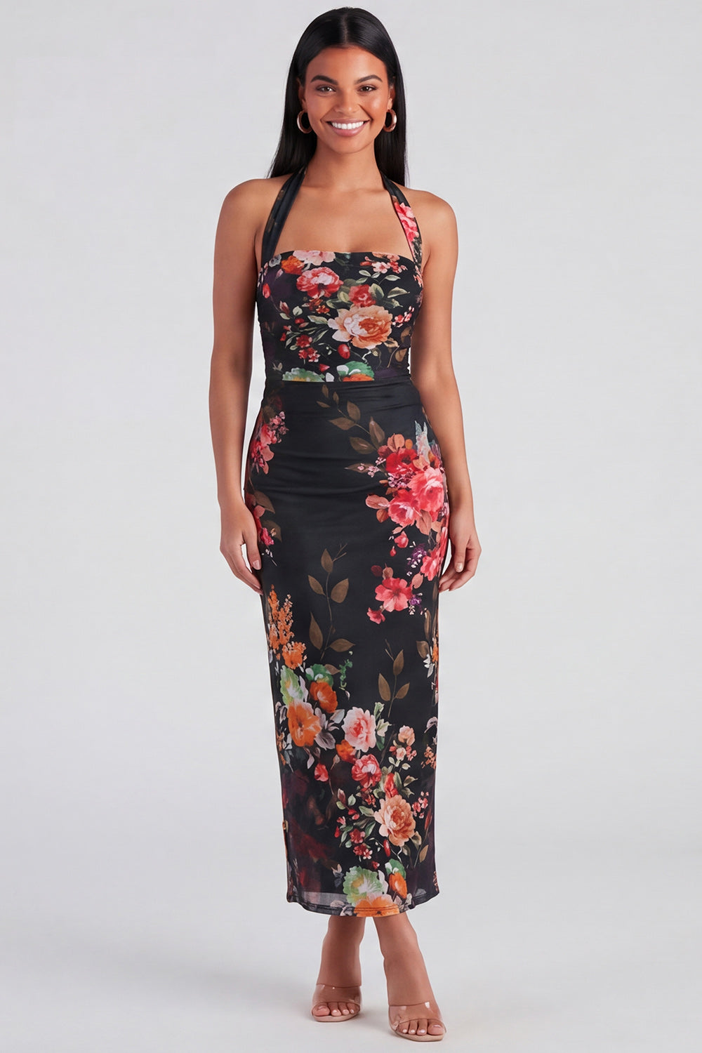 Celeste Halter Ruched Maxi Dress in Champagne Floral Champagne 8