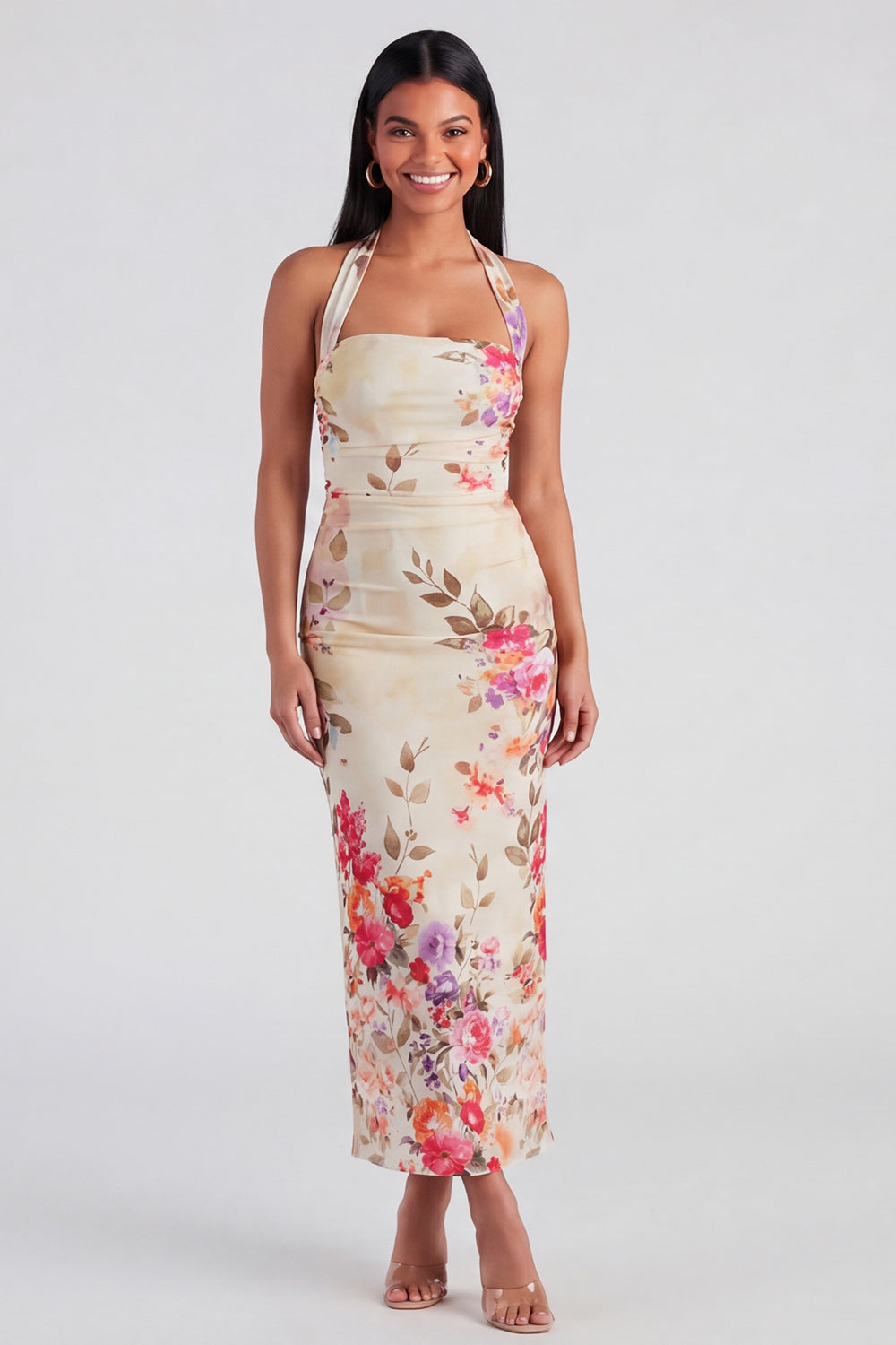Celeste Halter Ruched Maxi Dress in Champagne Floral Champagne 15